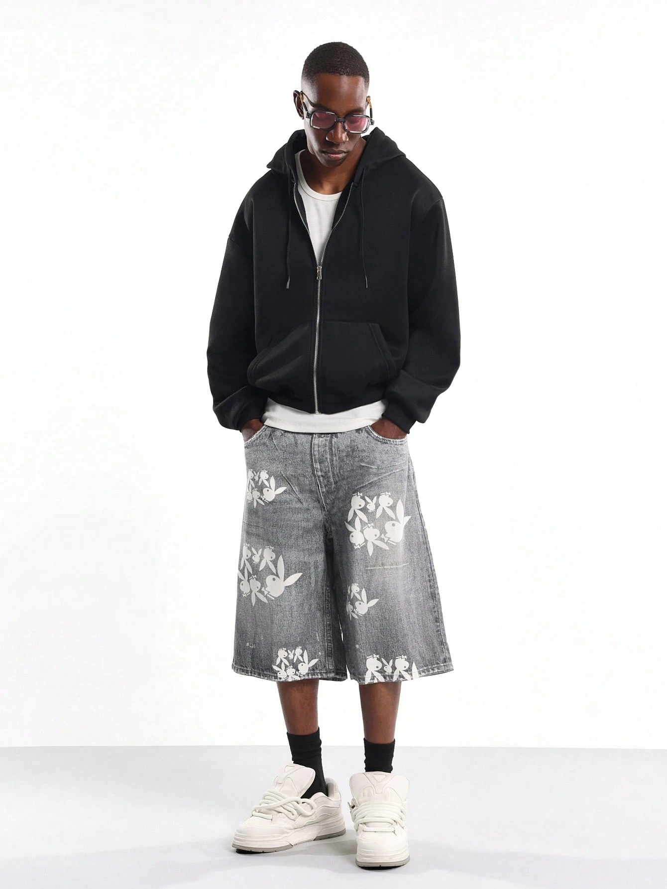 PLAYBOY X SUMWON Jean large en jean à imprimé lapin