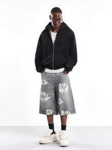 PLAYBOY X SUMWON Pantalones cortos de mezclilla holgados y anchos con estampado de conejo, de corte medio, de estilo suelto, estilo patinador, estilo urbano, moda de verano - Azul - Ver 3