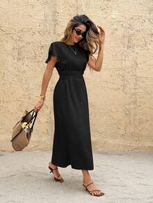 SHEIN Frenchy Women's Solid Color Round Neck Ruffle Short Sleeve Waist Pleated Casual Mid-Length Dress, Summer Black Casual Black Beach - Black - View 5