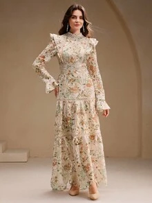 Anewsta Đầm maxi dài tay, thanh lịch kiểu Pháp lãng mạn, xếp ly eo, ren rỗng, in hoa dành cho nữ, thích hợp cho buổi hẹn hò lãng mạn ngày Valentine. - Nhiều màu - Xem 6