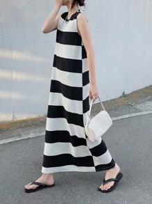 FRIFUL 女士条纹圆领无袖休闲长款夏季度假连衣裙 - 黑與白 - 查看 6