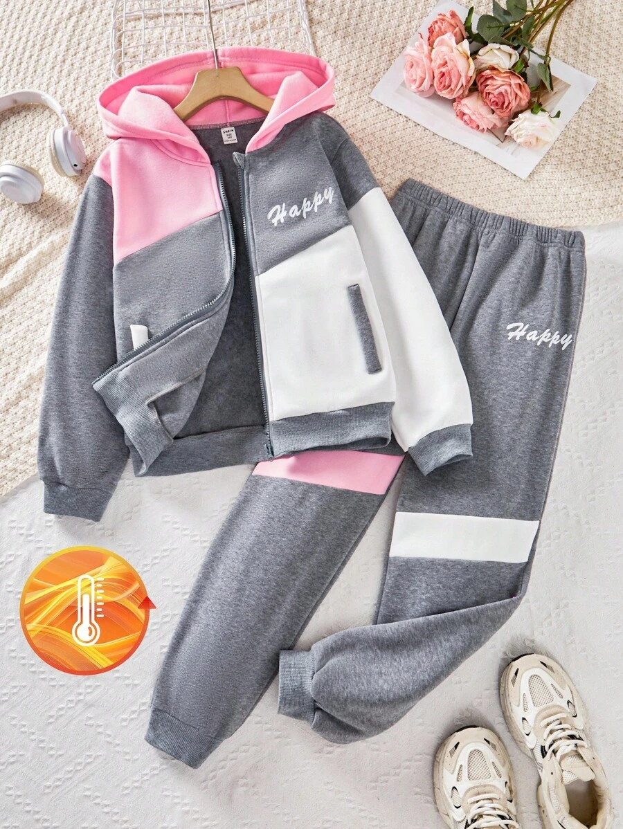 2 件套 Tween 女童秋冬羊毛拼布连帽夹克和运动裤套装，休闲百搭日常拉链装 - 深灰色 - 查看 1