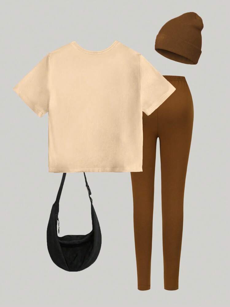 女童杏色T恤和卡其色打底裤休闲时尚创意卡通可爱水豚、卡皮巴拉桑、心形、蝴蝶结、樱花茶装饰彩色字母标语图形印花短袖T恤和裤子2件套 - 彩色 - 查看 2