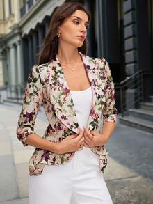 Editum Women Elegant Floral Print Ruffle Hem Cinched Waist Open Front Blazer Jacket - Multicolor - View 6