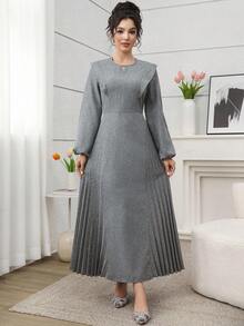 SHEIN Najma Vestido elegante de mujer con cuello redondo, bajo con volantes, mangas farol, cintura plisada y ajuste ceñido - Gris - Ver 7