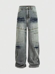 ROMWE MEN Street Life Jeans rectos casuales desgastados para hombre - Azul - Ver 1