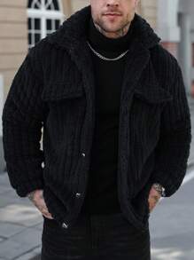 Manfinity CasualCool Manfinity Flap Detail Button Front Flannel Fleece Jacket, Men Front Button Long Sleeve Pocket Simple Jacket, Casual Daily Wear, Autumn And Winter, Boyfriend Gift, For Going Out, Teddy Lined Coat, Streetwear, Street Style American Retro Jacket, Grunge - Black - View 8