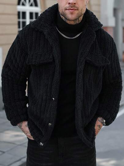 Manfinity CasualCool Manfinity Men's Black Flannel Fleece Jacket,Winter Streetwear Holiday Flap Detail Button Front Long Sleeve Teddy Lined Coat,American Retro Jacket