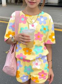 Emery Rose Kids Emery Rose Kids 2 件套青少年女孩休闲简约短袖 T 恤和短裤套装，适合夏季