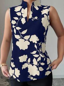 Elenzga V-Neck Silhouette Print Half-Placket Sleeveless Shirt