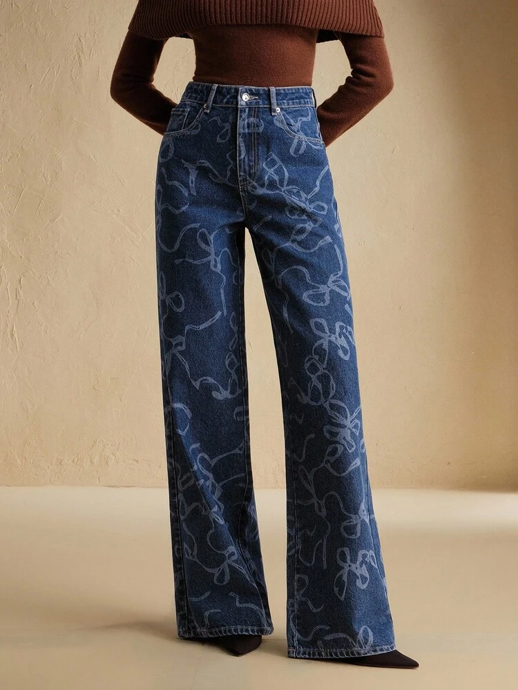 Jeans droits décontractés et amples pour femmes avec décoration de nœud