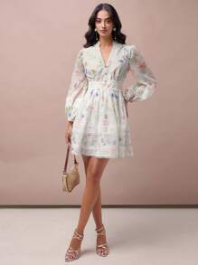 Enchnt Women's Light Green Elegant Autumn V-Neck Long Lantern Sleeve All-Over Print Lace Patchwork Short Dress,Sweet For Tea Party,Vacation,Wedding Guest - White - View 1