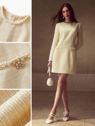 MOTF PREMIUM FAUX PEARL TRIM POCKET DRESS