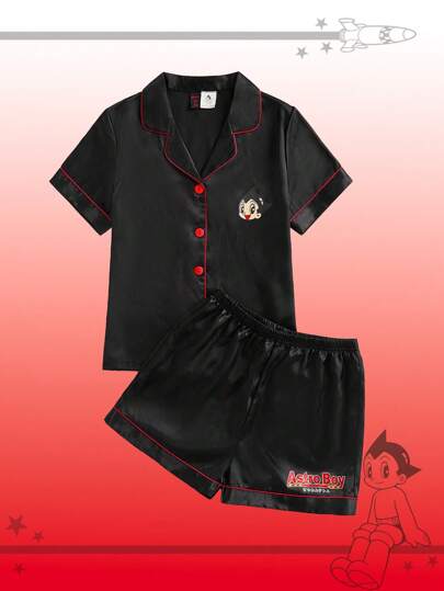 Astro Boy X ROMWE Cartoon Pattern Button-Front Shirt Style Short Sleeve Blouse And Satin Shorts Pajama Set