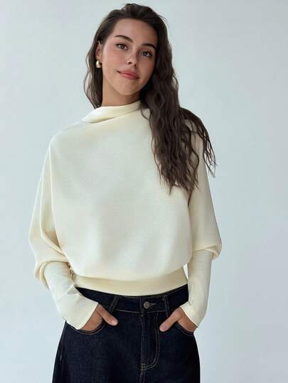 Aloruh Nouveau pull-over Sweat-shirt à col montant, manches chauve-souris, couleur crème jaune, design ample, coupe slim, manches longues pour l'automne/l'hiver