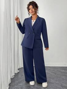 Elenzga 大码女式两件套：双排扣简约西装外套和宽松西装裤，时尚通勤别致职业休闲优雅商务装 - 藏蓝色 - 查看 4