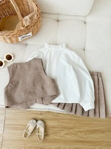 SHEIN Elegancka kamizelka dla młodej dziewczyny ze złotymi guzikami, koszula z falbaniastym kołnierzykiem i uniwersalna plisowana spódnica, odpowiednia na jesień/zimę, na imprezę i na co dzień - Wielokolorowe - Zobacz 2