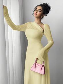 Siren Gaze 秋季女式不对称领口修身长袖A字下摆长裙 - 淡黃色 - 查看 4