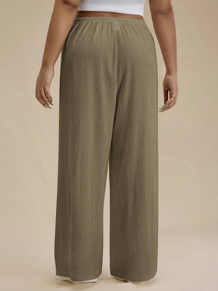 SHEIN Forever 21 Plus Size Women's Solid Color Tie Waist Wide Leg Loose Casual Pants - Khaki - View 2
