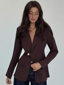 Aloruh 秋冬女士时尚优雅单排扣翻领常规夹克 - 棕色 - 查看 1