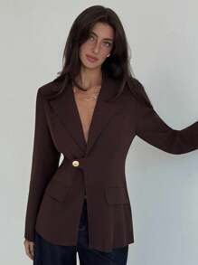 Aloruh 秋冬女士时尚优雅单排扣翻领常规夹克 - 棕色 - 查看 5