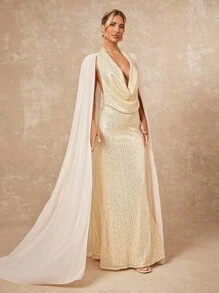 Lumalex 2025新款夏季海滩度假复活节波西米亚风格海滩户外婚礼派对成人毕业派对优雅奢华杏色亮片雪纺飘逸垂坠领修身鱼尾下摆连衣裙女 - 杏色 - 查看 3