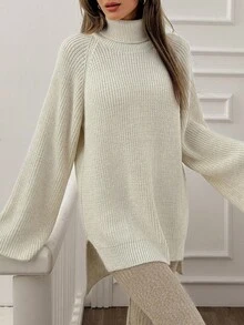 SHEIN Tall Áo len cổ lọ dáng rộng, dáng dài thoải mái, dáng rộng, dáng thu đông, chất liệu trơn, thoải mái, dáng rộng cho nữ - Màu be - Xem 5