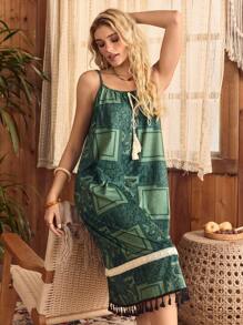 Lullawish Bohemian Paisley Print Tassel Decor Camisole Women Nightgown - Dark Green - View 6