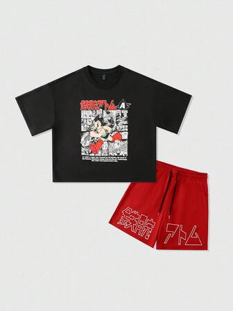 Astro Boy X ROMWE 2 pezzi Set di maglietta a maniche corte con grafica di figure cartoni animati e pantaloncini con coulisse in vita per uomo