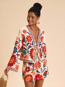 Travachic 2 件女士度假花卉印花宽松长袖衬衫和高腰宽松短裤套装