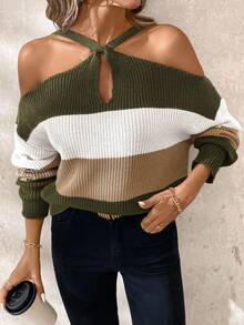 SHEIN Clasi Women's Loose Fit Contrast Stripe Long Sleeve Cowl Neck Sweater Autumn Winter Clothes For Women