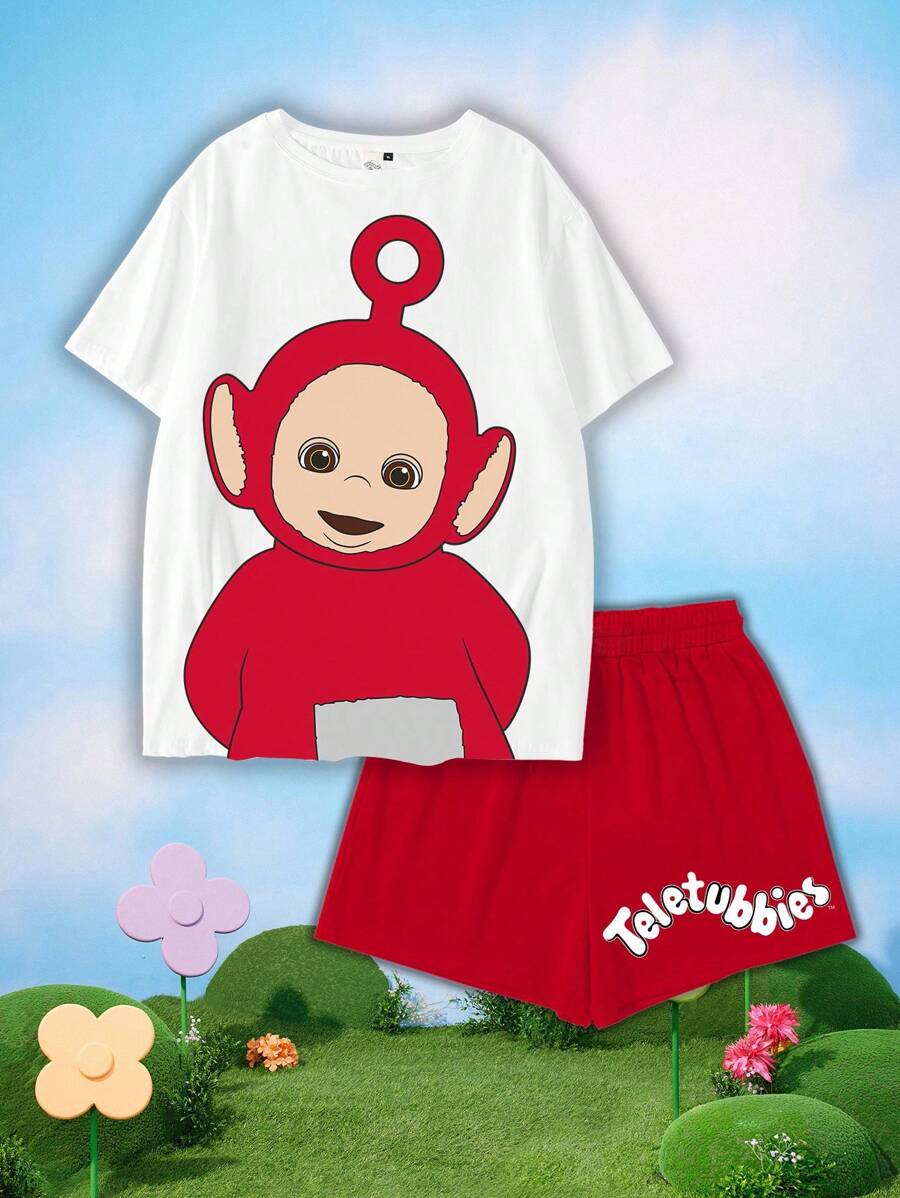 Teletubbies X SHEIN 大码卡通字母印花上衣和短裤睡衣套装 - 白色 - 查看 1