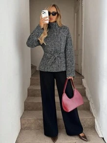 Easowa Women's Casual & Commute Overcoat,Tweed Jacket,Black And White,Autumn,Elegant,Office Turtleneck Sweater Tops Winter Jacket For Women - Dark Grey - View 5