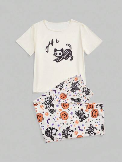 Kawaii Ensemble de pyjama décontracté à manches courtes avec imprimé tête de chat, crâne et chauve-souris citrouille, pour grande taille