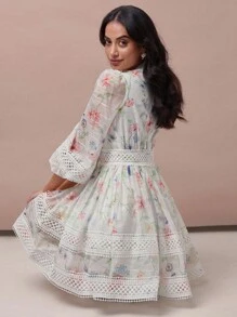 Enchnt Women's Light Green Elegant Autumn V-Neck Long Lantern Sleeve All-Over Print Lace Patchwork Short Dress,Sweet For Tea Party,Vacation,Wedding Guest - White - View 2