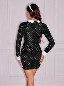 SHEIN Tall Đầm ngắn tay dài họa tiết chấm bi cổ màu tương phản thời trang dành cho nữ - màu đen - Xem 6