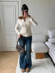 SHEIN EZwear Women's Knitted Long Sleeve Fitted Zip-Up Cardigan With Cable Knit Pattern,Back To School,Autume/Winter,Fall - White - View 5