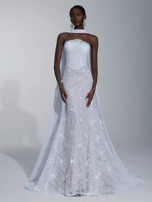 SHEIN Belle Elegant Luxurious Lace Splice Elastic Knit Mermaid Skirt With Trailing Halter Neck, Suitable For Weddings, Parties, Vacations, Balls, Honeymoons, Bridal Gowns - Beige - View 8