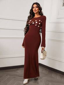 Lineaform Figurbetonte elegante Strickkleid, geeignet als Hochzeitsgast-Outfit, Partykleid, Vintage Pailletten Dekor - Braun - Übersicht 3