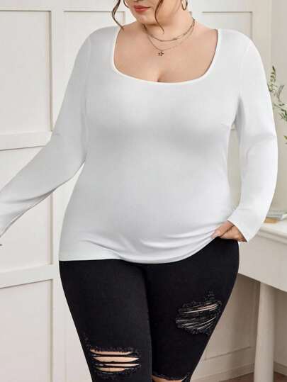 SHEIN CURVE+ Curves 大码/学校服装/返校服装/返校 2 件/套装大码女式方领紧身长袖休闲黑白 T 恤套装，百搭女士春秋季基本款上衣大码黑色上衣大码长袖上衣方领上衣大码女式上衣大码纯色上衣女式秋季服装，冬季，CURVE PLUS
