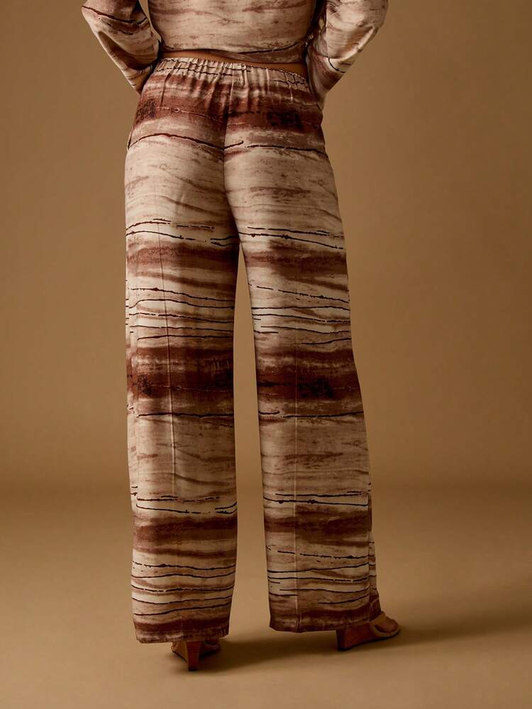 MISSGUIDED Watercolor Print Wide Leg Palazzo Pants Casual Resort Wear Elastic Waist Flowing Summer Beach Vacation Brown Earth Tones Lounge Evening Wear