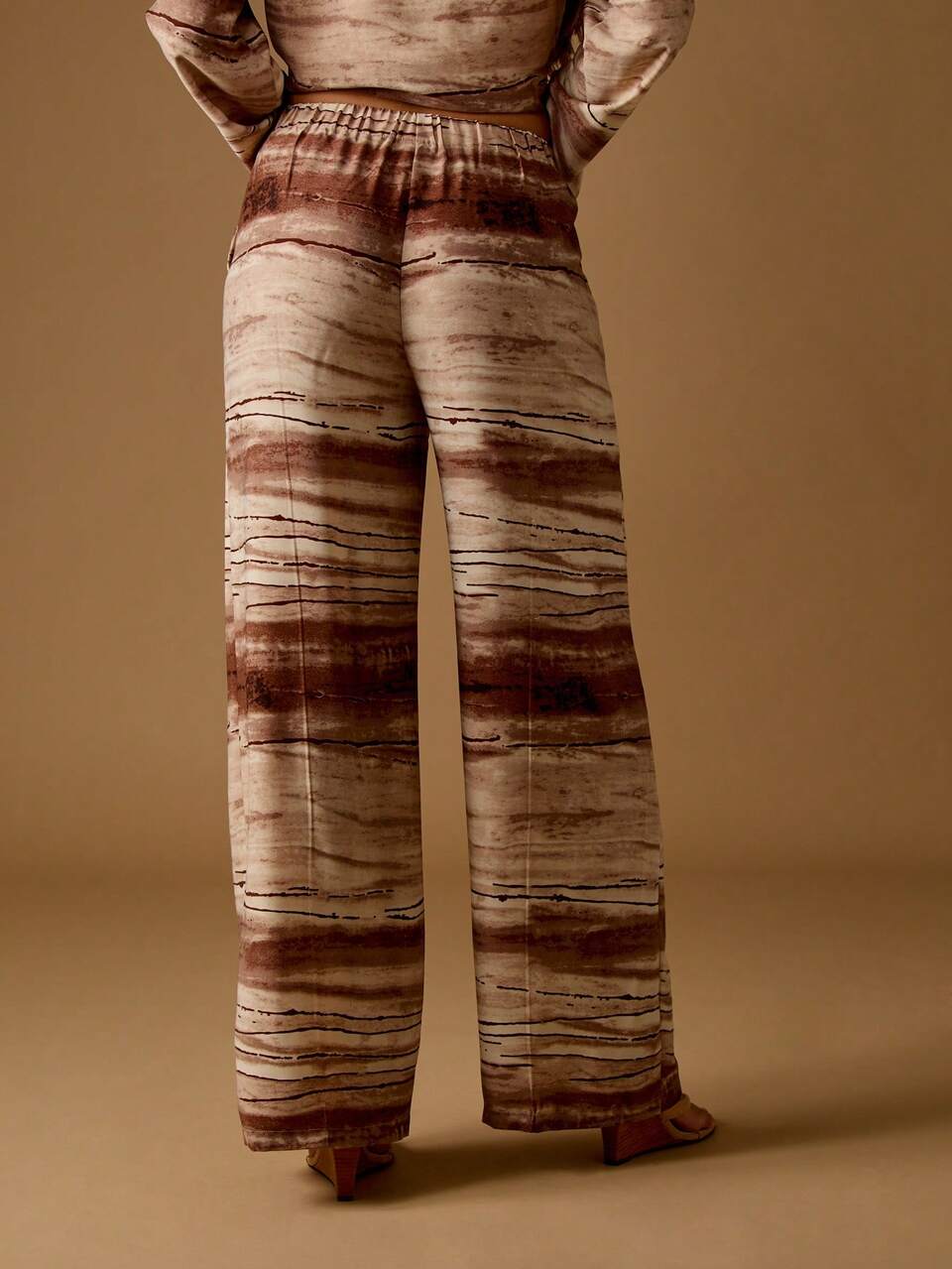 MISSGUIDED Watercolor Print Wide Leg Palazzo Pants Casual Resort Wear Elastic Waist Flowing Summer Beach Vacation Brown Earth Tones Lounge Evening Wear