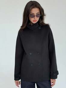 Aloruh Abrigo casual de mujer de unicolor, de doble botonadura, con hombros caídos y mangas largas, para otoño/invierno - Negro - Ver 7