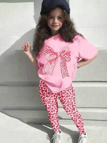 Setelan 2 Potong untuk Anak Perempuan: Kaos Grafis Motif Leopard Pink dengan Hiasan Pita dan Legging, Pakaian Sekolah Kasual untuk Anak Perempuan Remaja. - MultiWarna - View 3