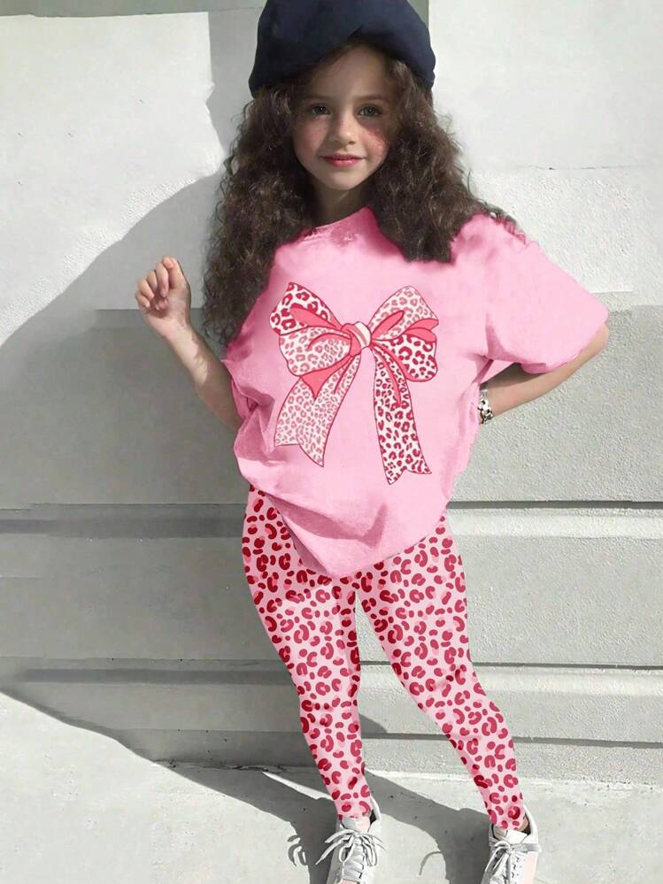 Girls Casual Fashion Creative Cartoon Cute Pink Leopard Print Bow Decor Letter Slogan Graphic Print Tee & Leggings 2 Piece Set, Pink & Black Sporty Outfit Girls Leopard Print Outfit Girls Pink And Red Outfit Tween Girl Leopard Print Outfit Teen Girl Lounge Wear Girls Comfy Set Fall Winter - Multicolor - View 3