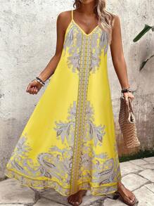 Linhara CURVE 大码女式宽松花卉印花吊带连衣裙，休闲度假装 - 芥末黃 - 查看 6