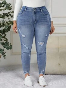 EMERY ROSE EMERY ROSE Jeans casuales ajustados con bolsillos y diamantes de imitación para mujer de talla grande - Azul - Ver 4