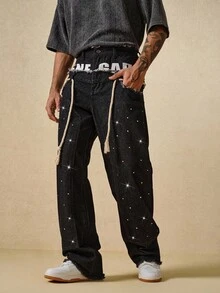 ROMWE MEN Street Life Men's Loose Fit Jeans With Sparkling Diamond Waistband