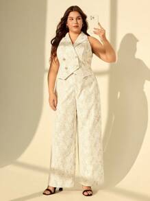 SHEIN MOD Plus Size 2 Pieces Set : White Lace Patchwork Apricot Vest And Long Pants, Elegant For Commuting And Everyday Wear,Teacher Outfits For Women,Back To School Clothes - Apricot - View 13