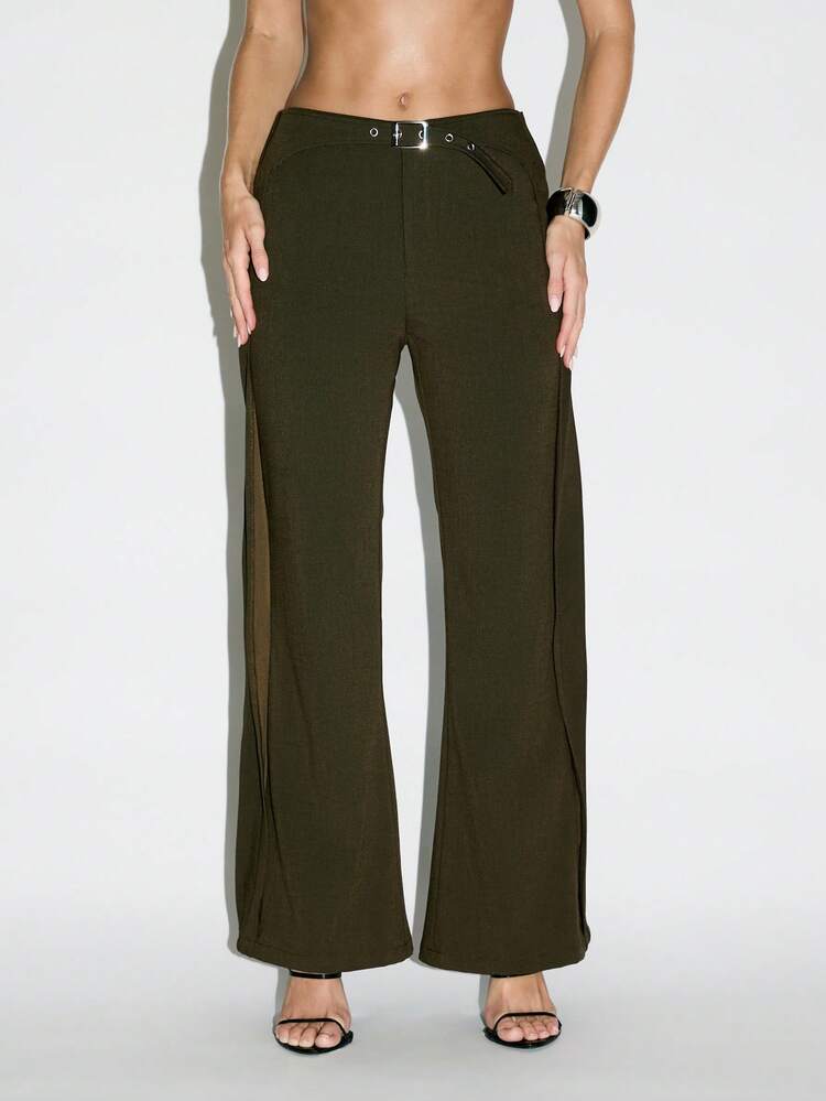 KIZN Wide Leg Palazzo Pants With Belt Buckle Detail